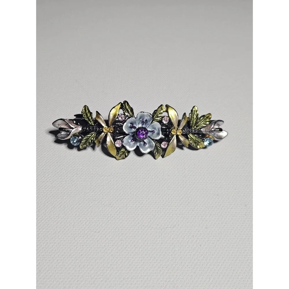 Vintage Style Floral Barrette Purple Rhinestone Crystal Enamel Flower Leaf Clip